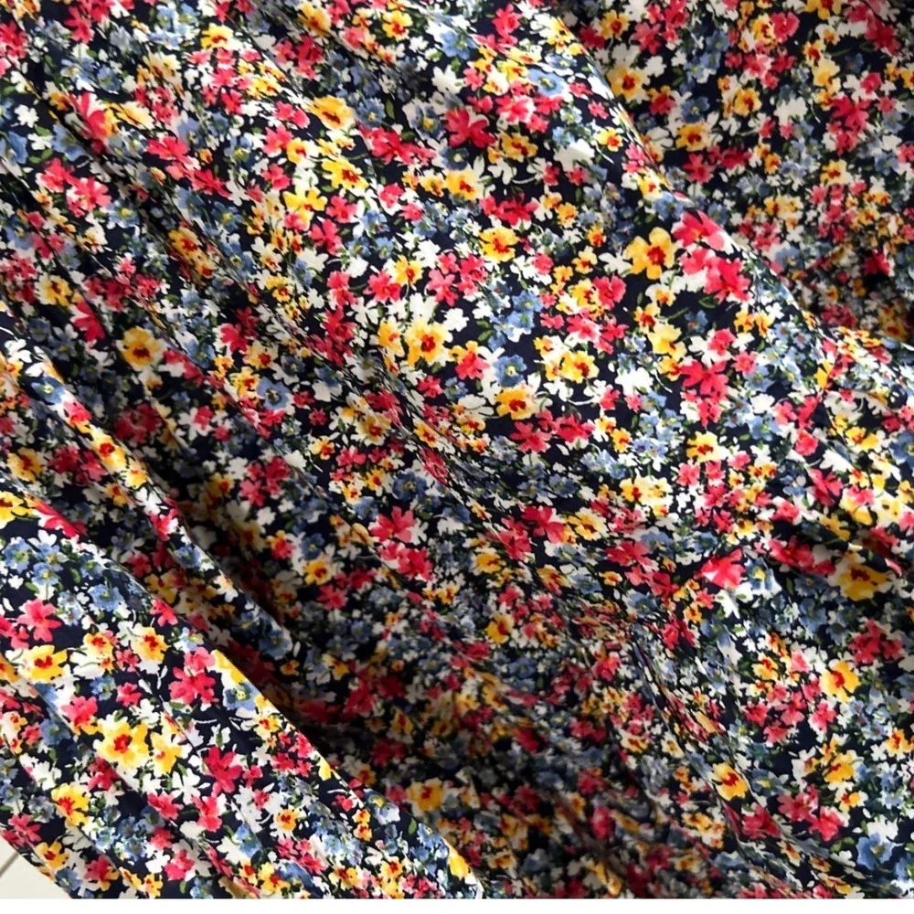 Old Navy Womens Large Ditsy Floral Puff Sleeve Babydoll Blouse Navy Blue Red